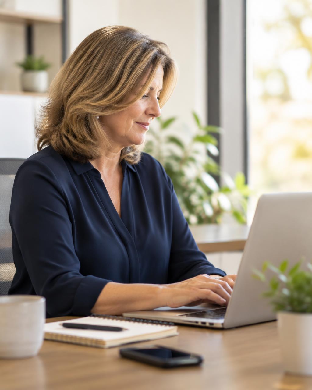A payroll professional working at a laptop