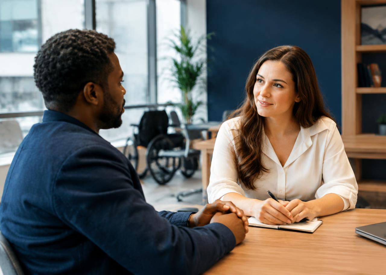A supportive workplace conversation in an accessible office
